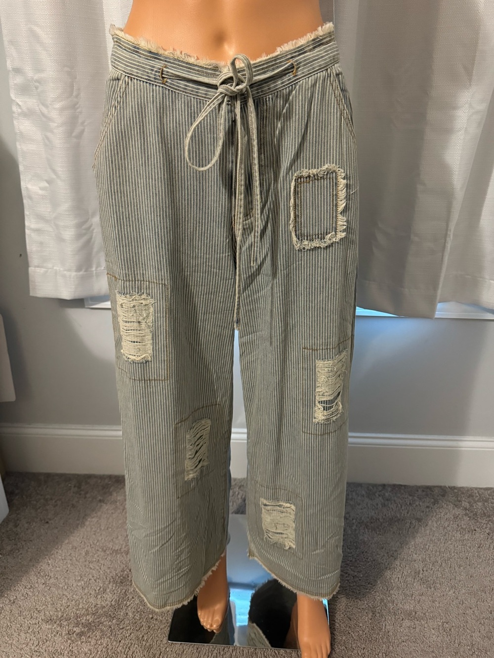 Cool POL size S blue white stripe wide leg distressed patchwork pants jeans new